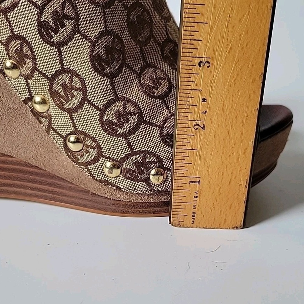 Michael Kors Belinda Open Toe Mules 9M Logo Canvas Suede Leather Platform Wedge - Picture 13 of 15